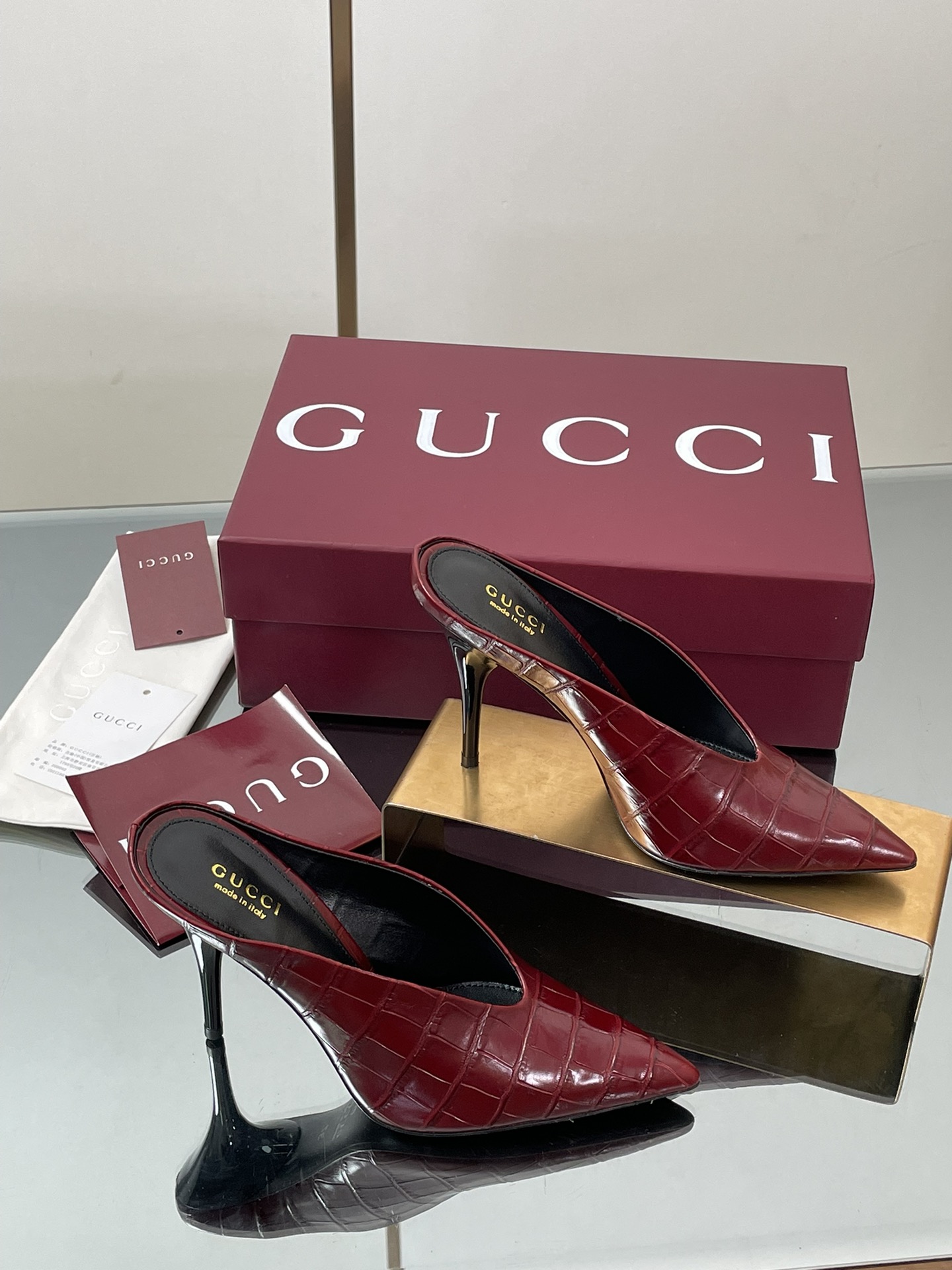 GUCCI グッチ ミッドヒール ミュール レディース 本革 紅色 ブラック 38 39 40 41 42