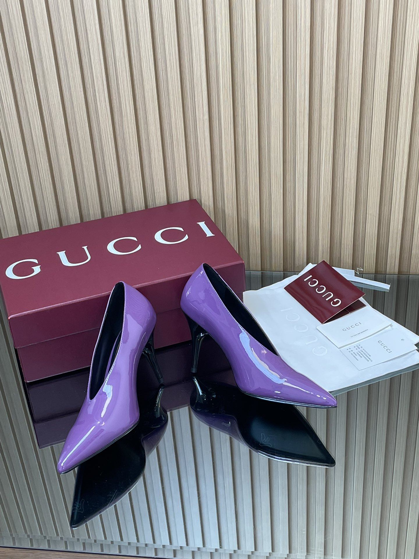 GUCCI グッチ パンプス 本革 ポインテッドトゥ 黒ヒール パープル - 画像 6