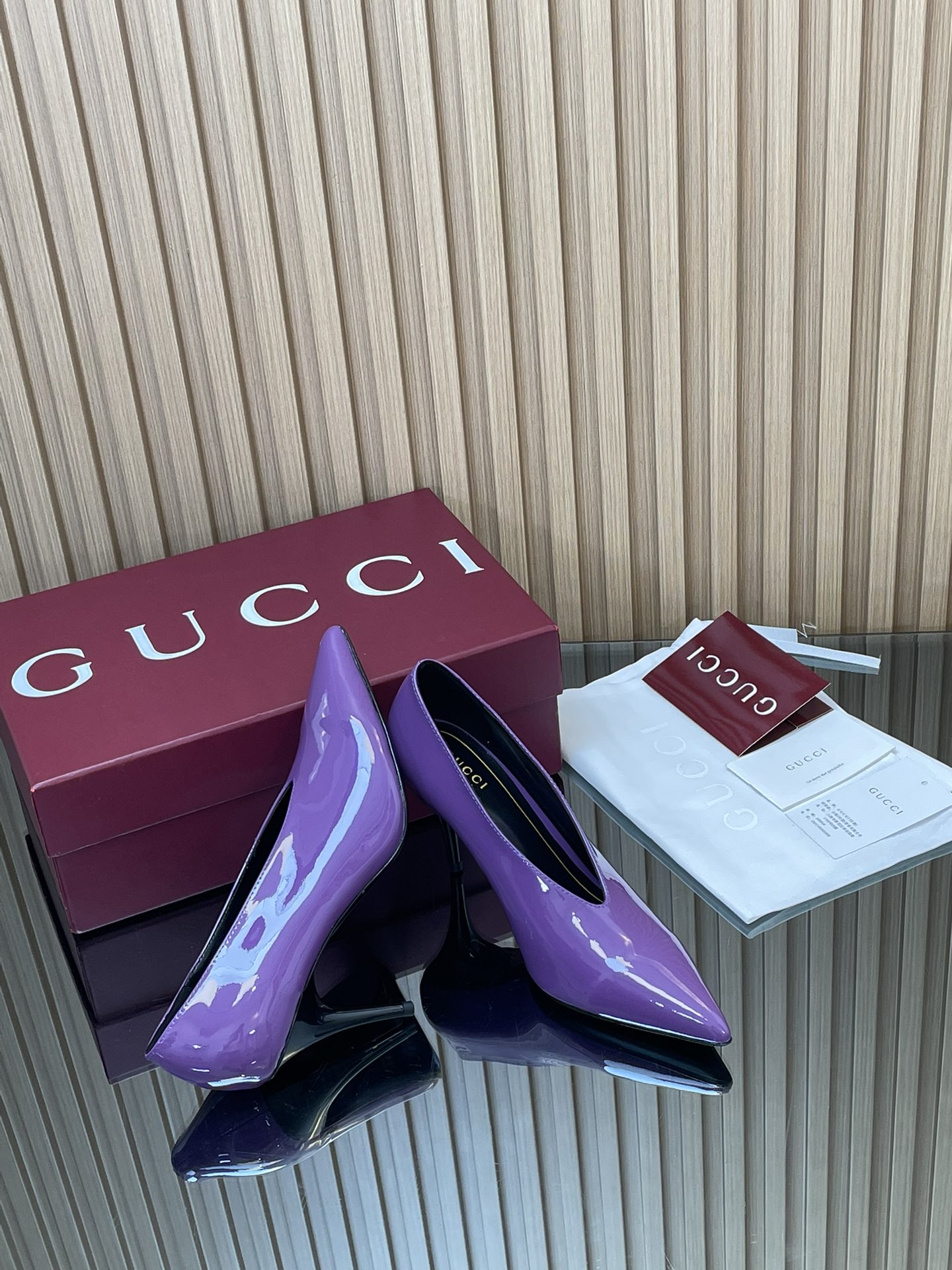 GUCCI グッチ パンプス 本革 ポインテッドトゥ 黒ヒール パープル - 画像 8