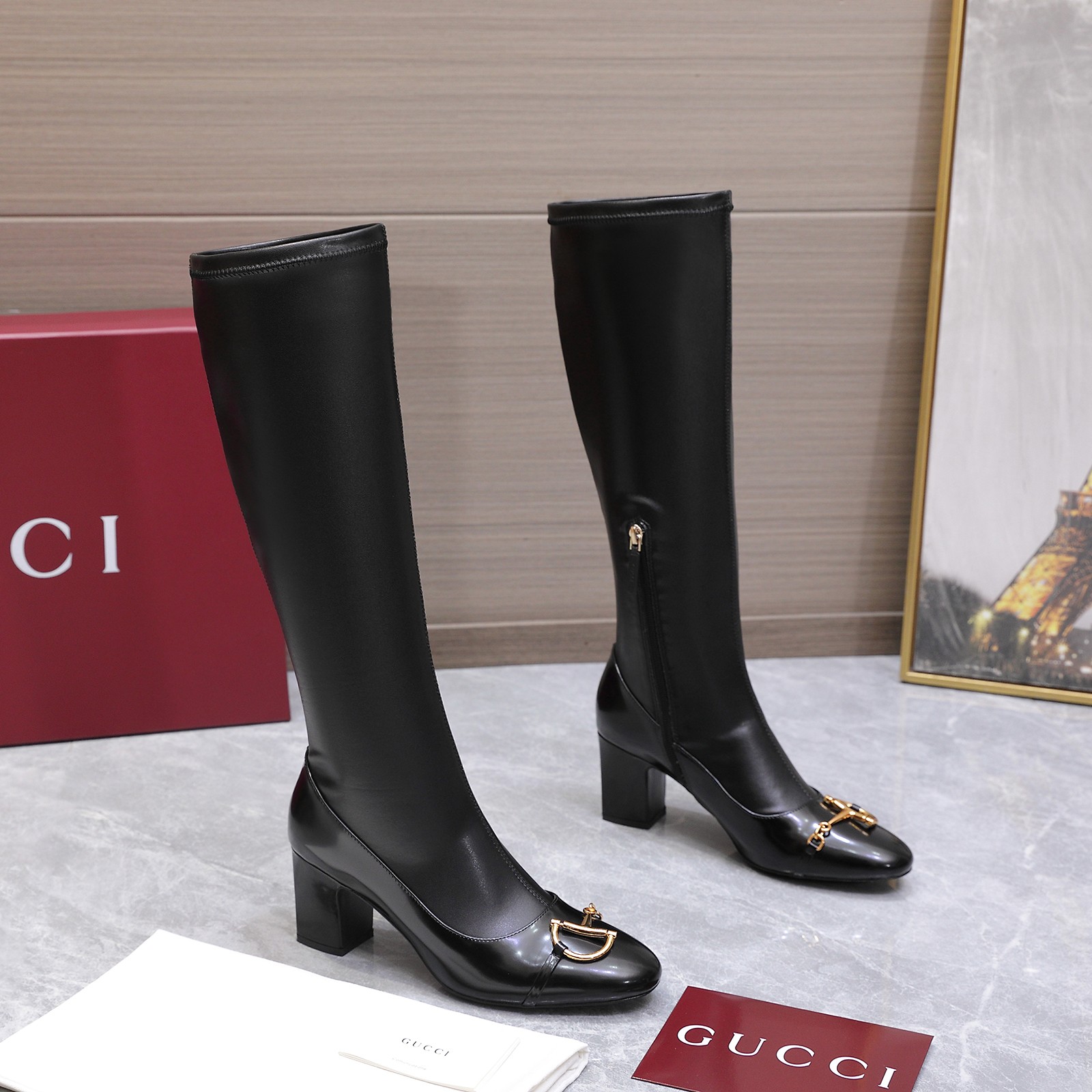 GUCCI グッチ レディース ロングブーツ 本革 ゴールド金具 ブラック