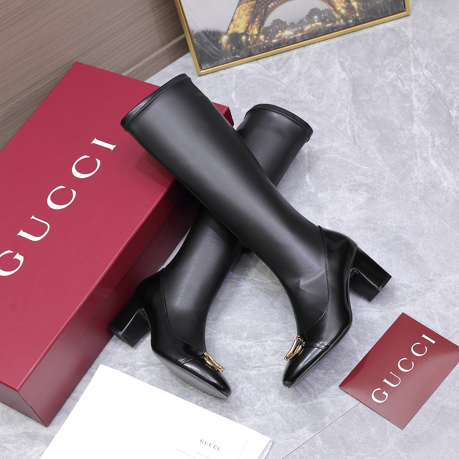 GUCCI グッチ レディース ロングブーツ 本革 ゴールド金具 ブラック - 画像 3