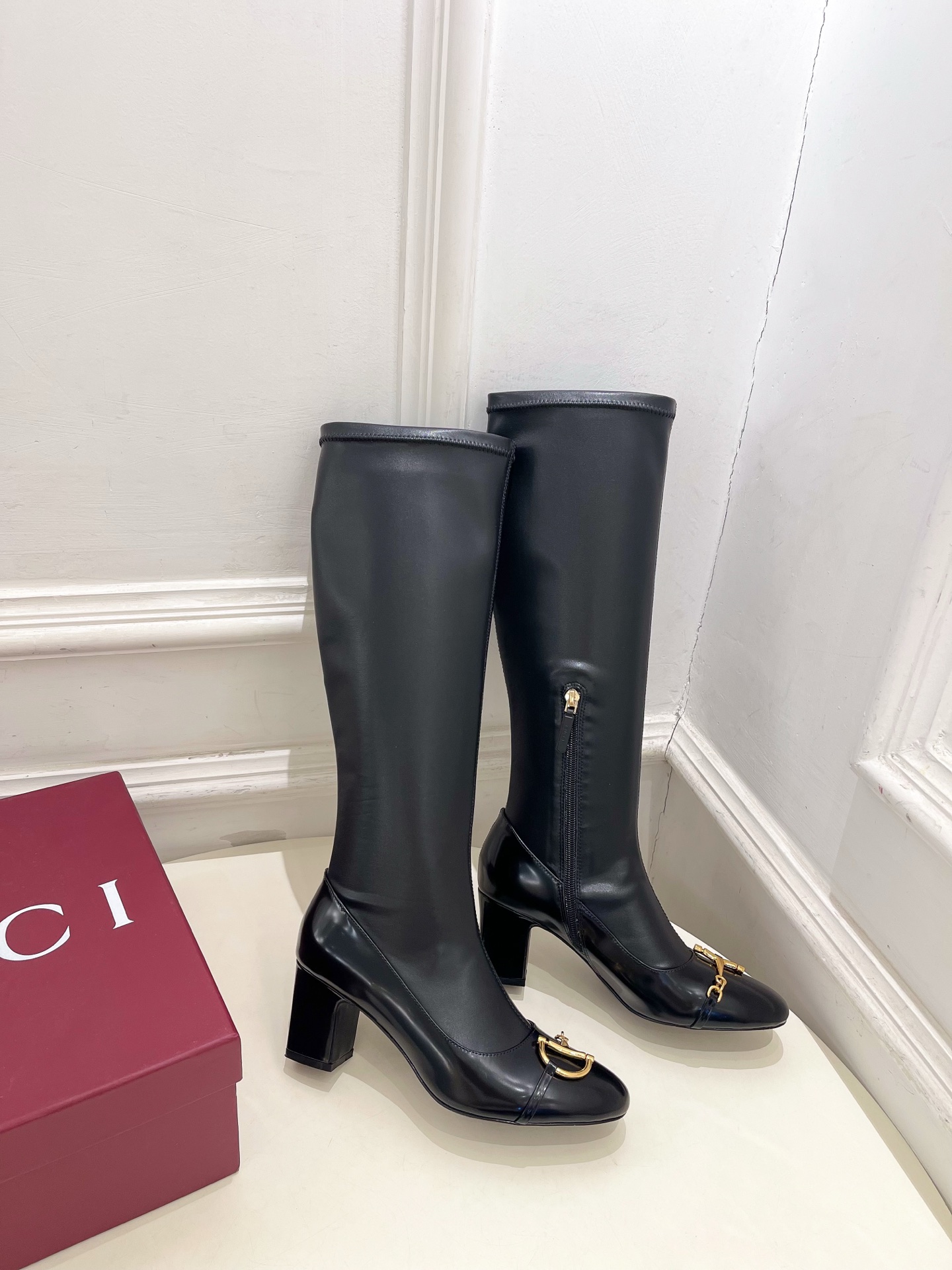 GUCCI グッチ レディース レインブーツ 本革 ロングブーツ ブラック