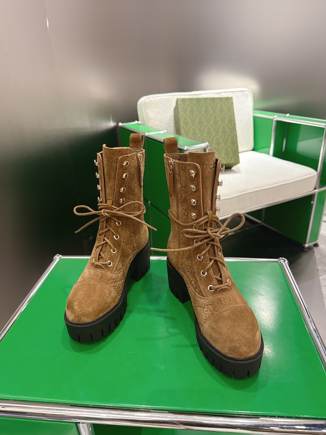 GUCCI グッチ ブーツ 本革 フラットシューズ ブラック 58 - 画像 2