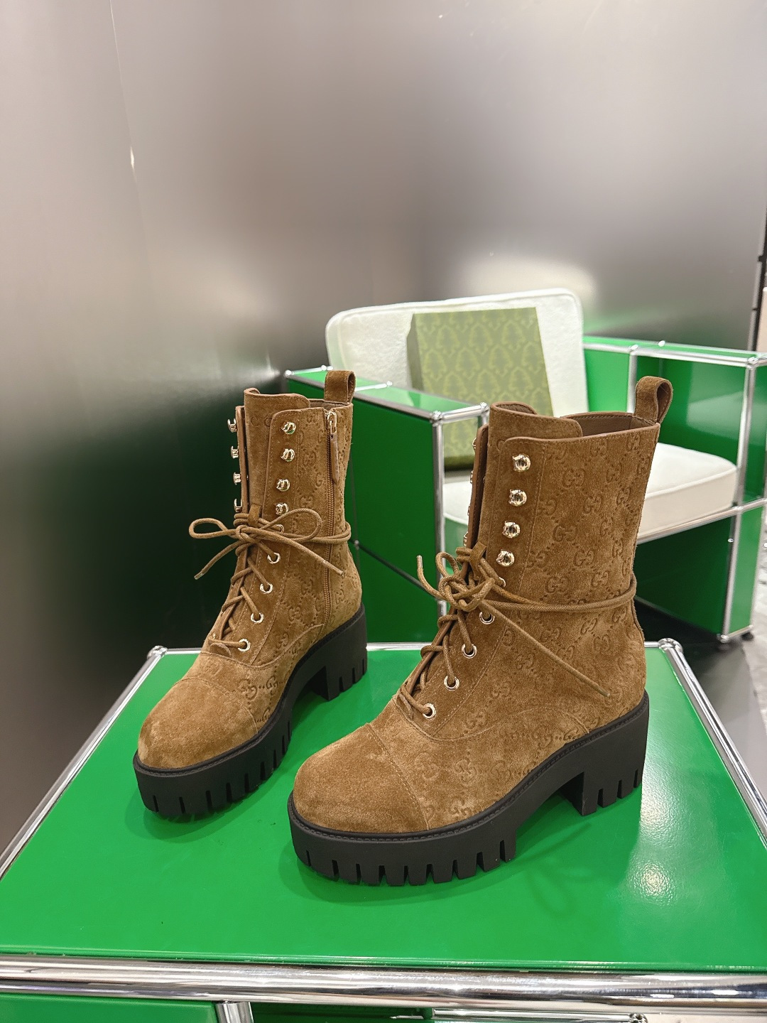 GUCCI グッチ ブーツ 本革 フラットシューズ ブラック 58 - 画像 3