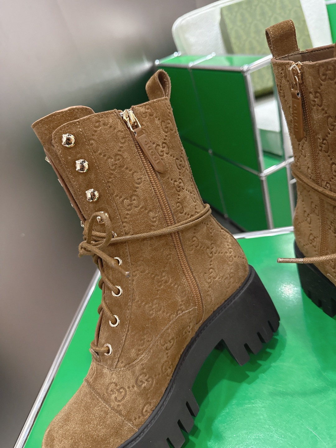 GUCCI グッチ ブーツ 本革 フラットシューズ ブラック 58 - 画像 6