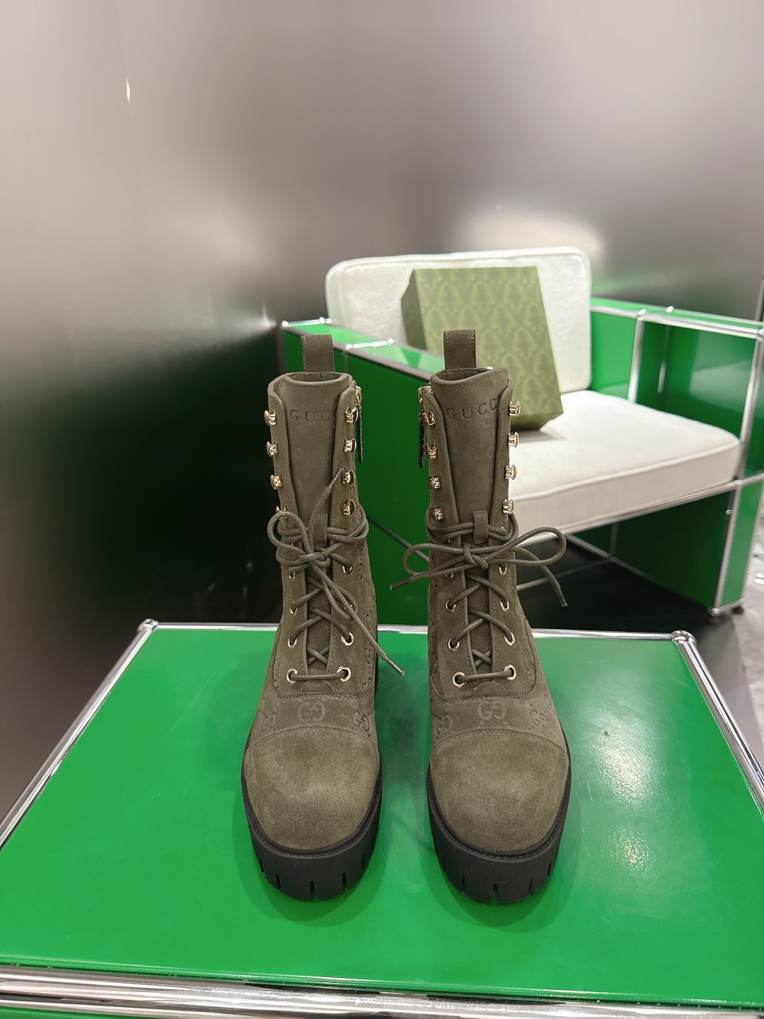 GUCCI グッチ ブーツ 本革 レディース ブラック グリーン ブラック