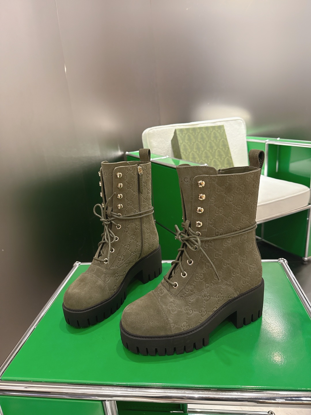 GUCCI グッチ ブーツ 本革 レディース ブラック グリーン ブラック - 画像 3