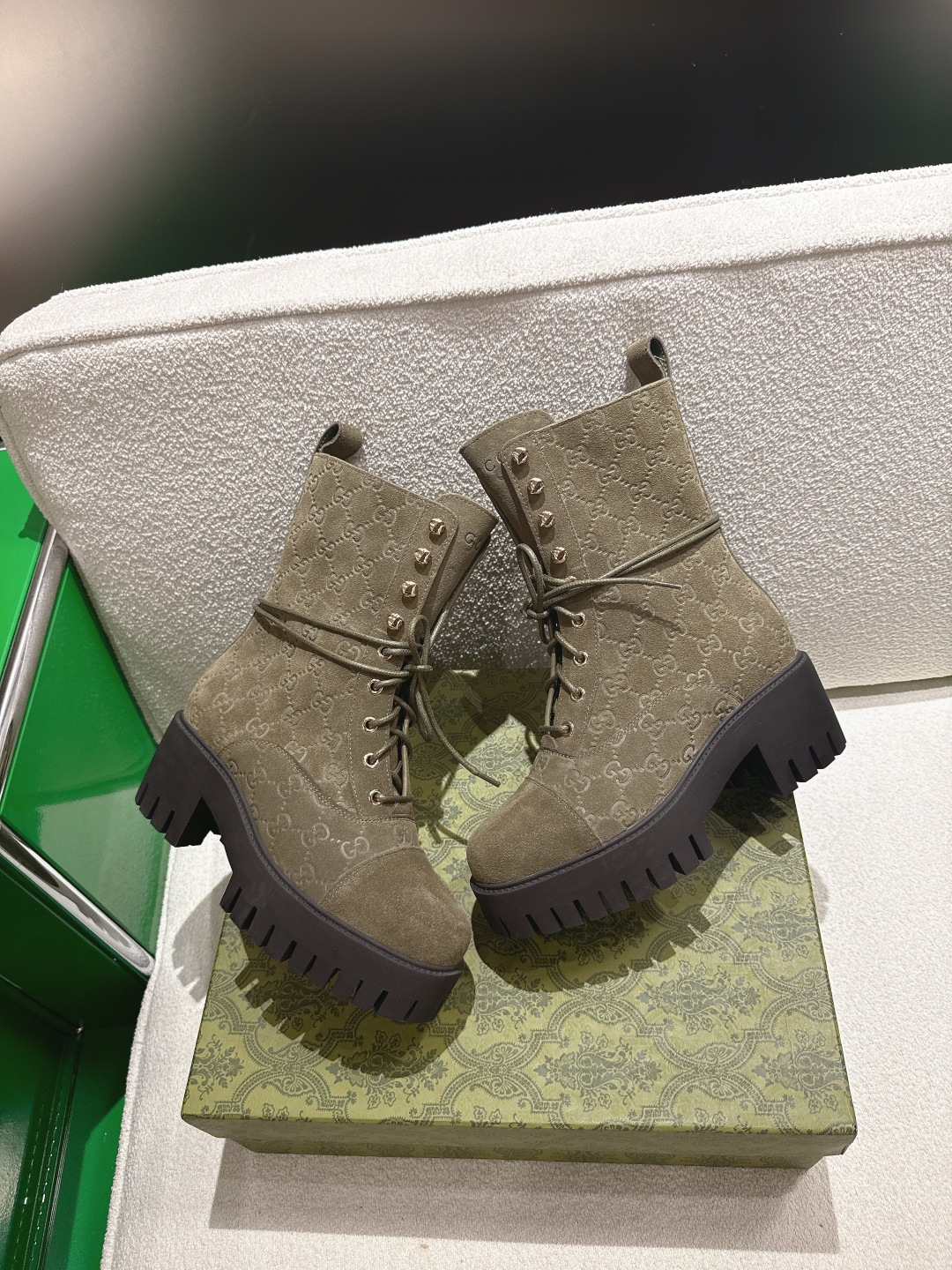 GUCCI グッチ ブーツ 本革 レディース ブラック グリーン ブラック - 画像 4