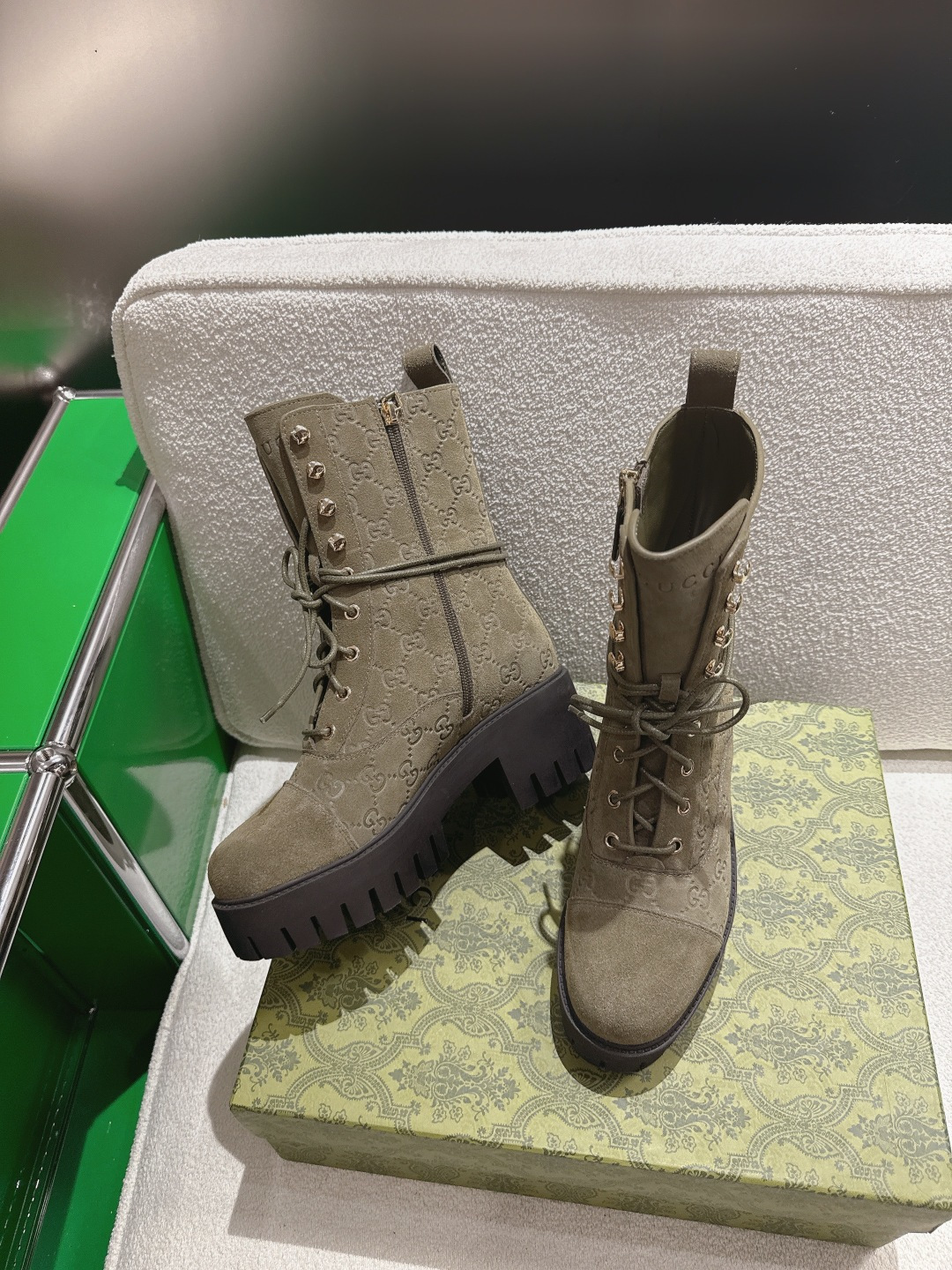 GUCCI グッチ ブーツ 本革 レディース ブラック グリーン ブラック - 画像 5