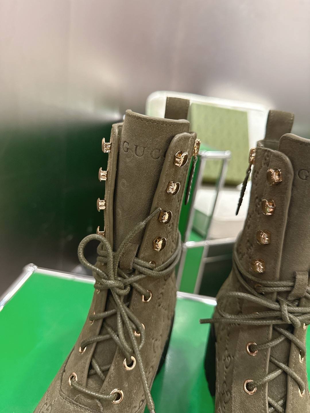 GUCCI グッチ ブーツ 本革 レディース ブラック グリーン ブラック - 画像 6