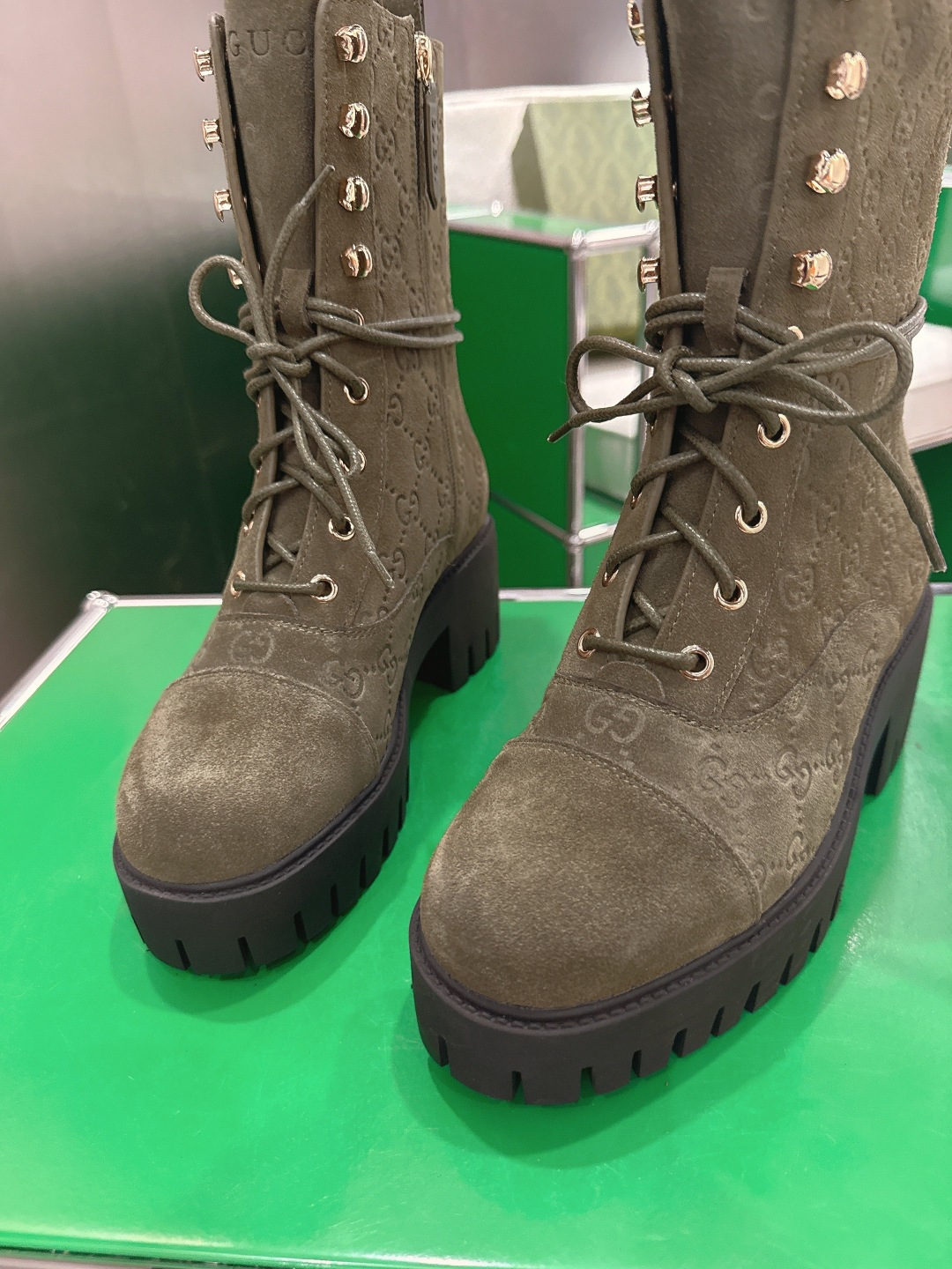 GUCCI グッチ ブーツ 本革 レディース ブラック グリーン ブラック - 画像 7