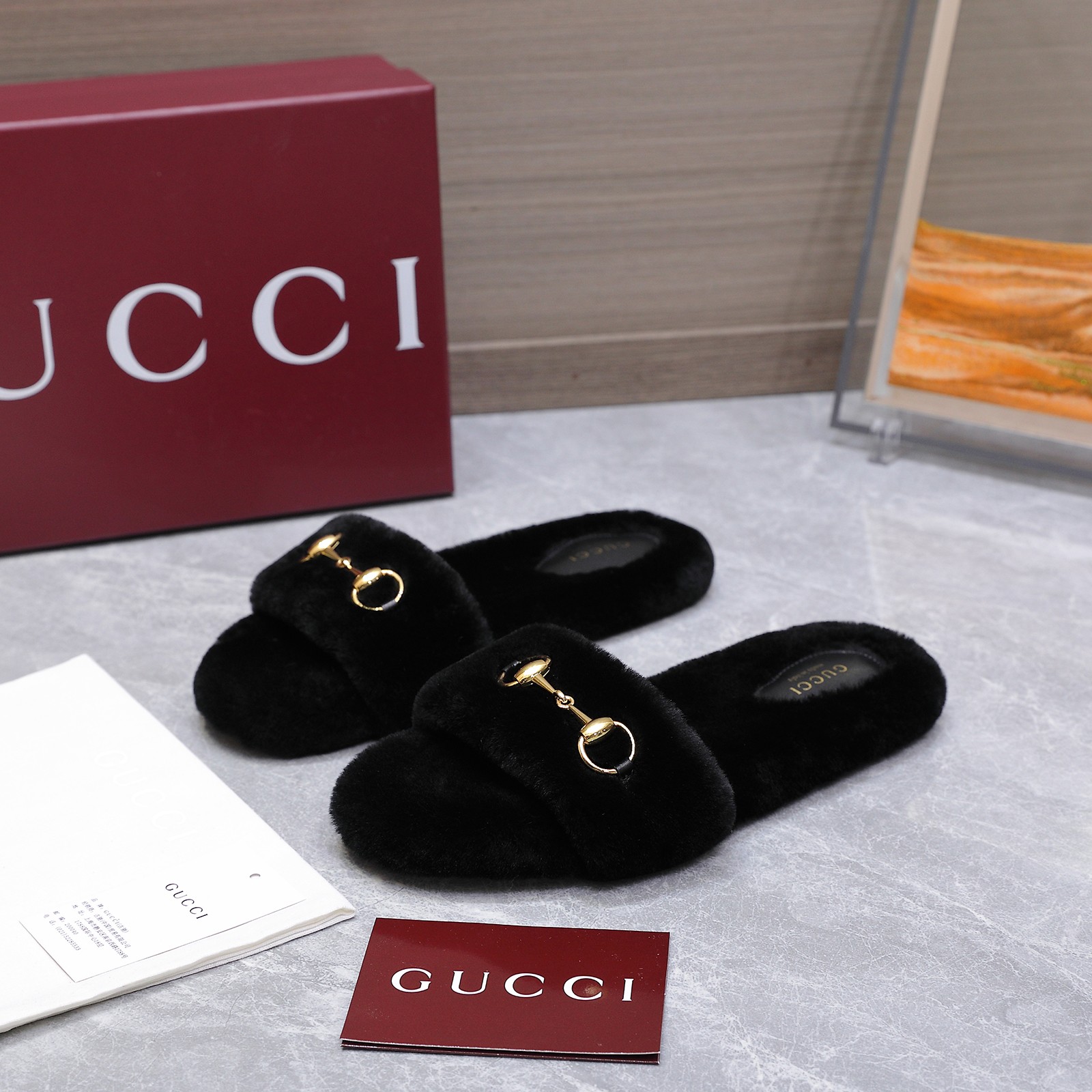 GUCCI グッチ フラットシューズ ファー メンズ レディース ブラック - 画像 7