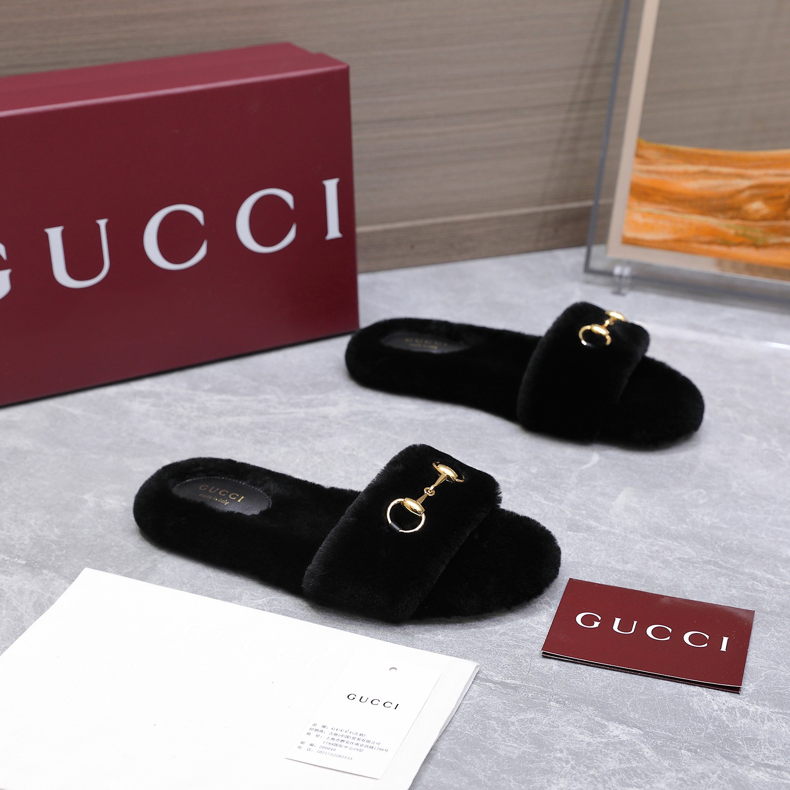 GUCCI グッチ フラットシューズ ファー メンズ レディース ブラック - 画像 8