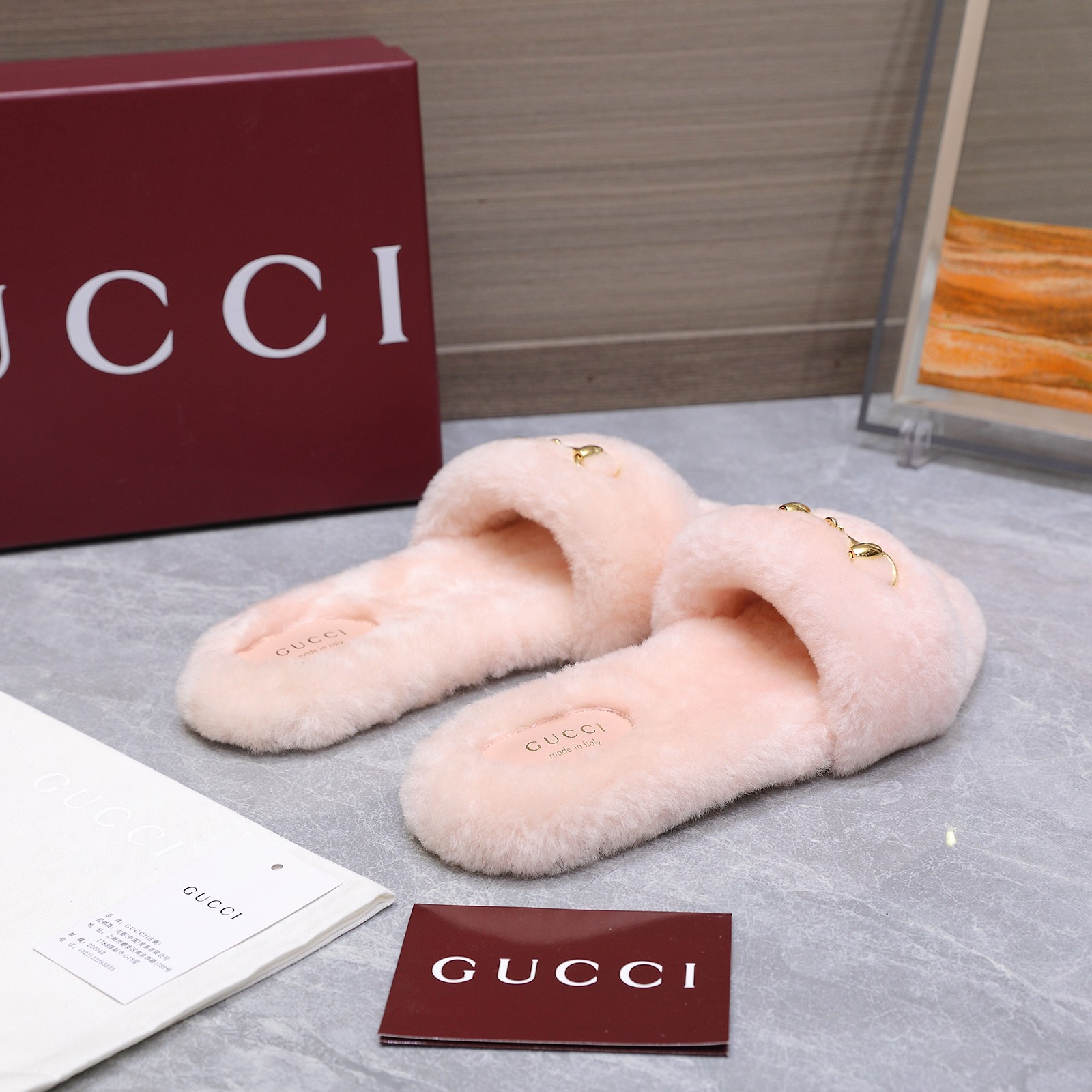 GUCCI グッチ フラットシューズ 本革 ファー ベージュ - 画像 3