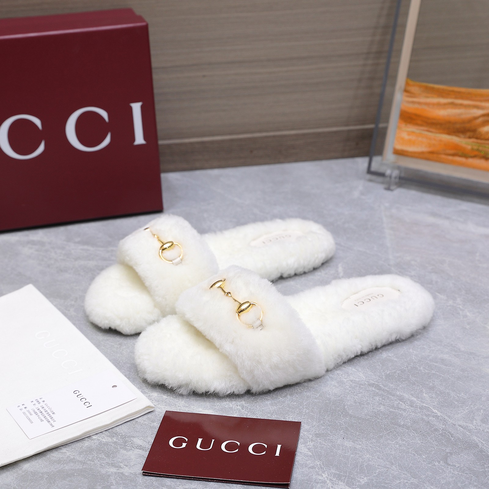 GUCCI グッチ フラットシューズ 本革 ファー ホワイト - 画像 6