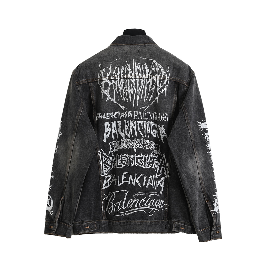 BALENCIAGA バレンシアガ デニムジャケット 手描き塗鴉 ロゴ ブラック - 画像 2