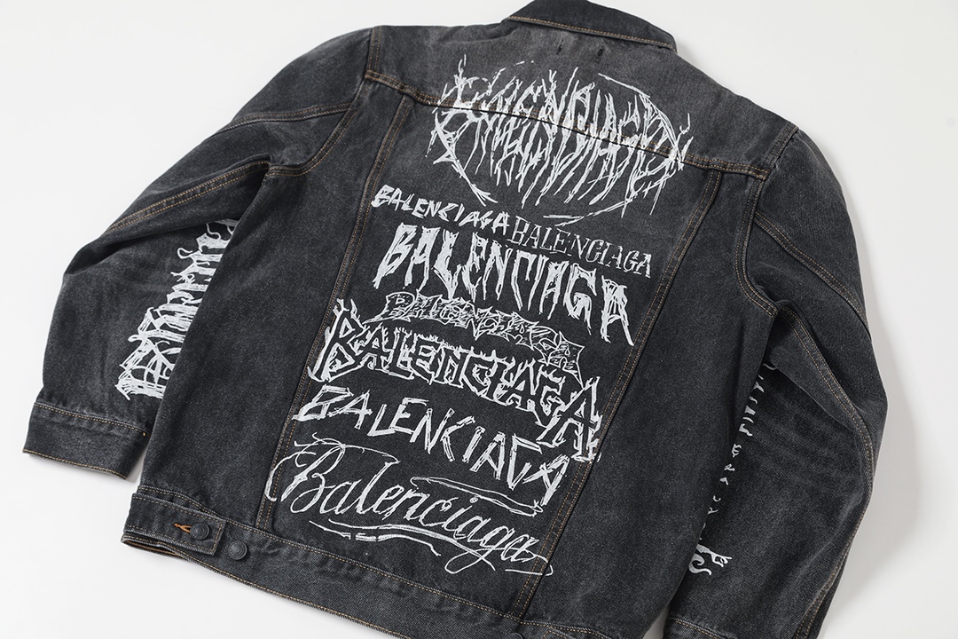 BALENCIAGA バレンシアガ デニムジャケット 手描き塗鴉 ロゴ ブラック - 画像 4
