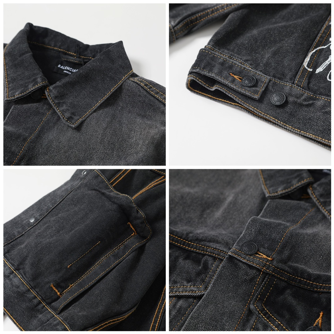 BALENCIAGA バレンシアガ デニムジャケット 手描き塗鴉 ロゴ ブラック - 画像 6