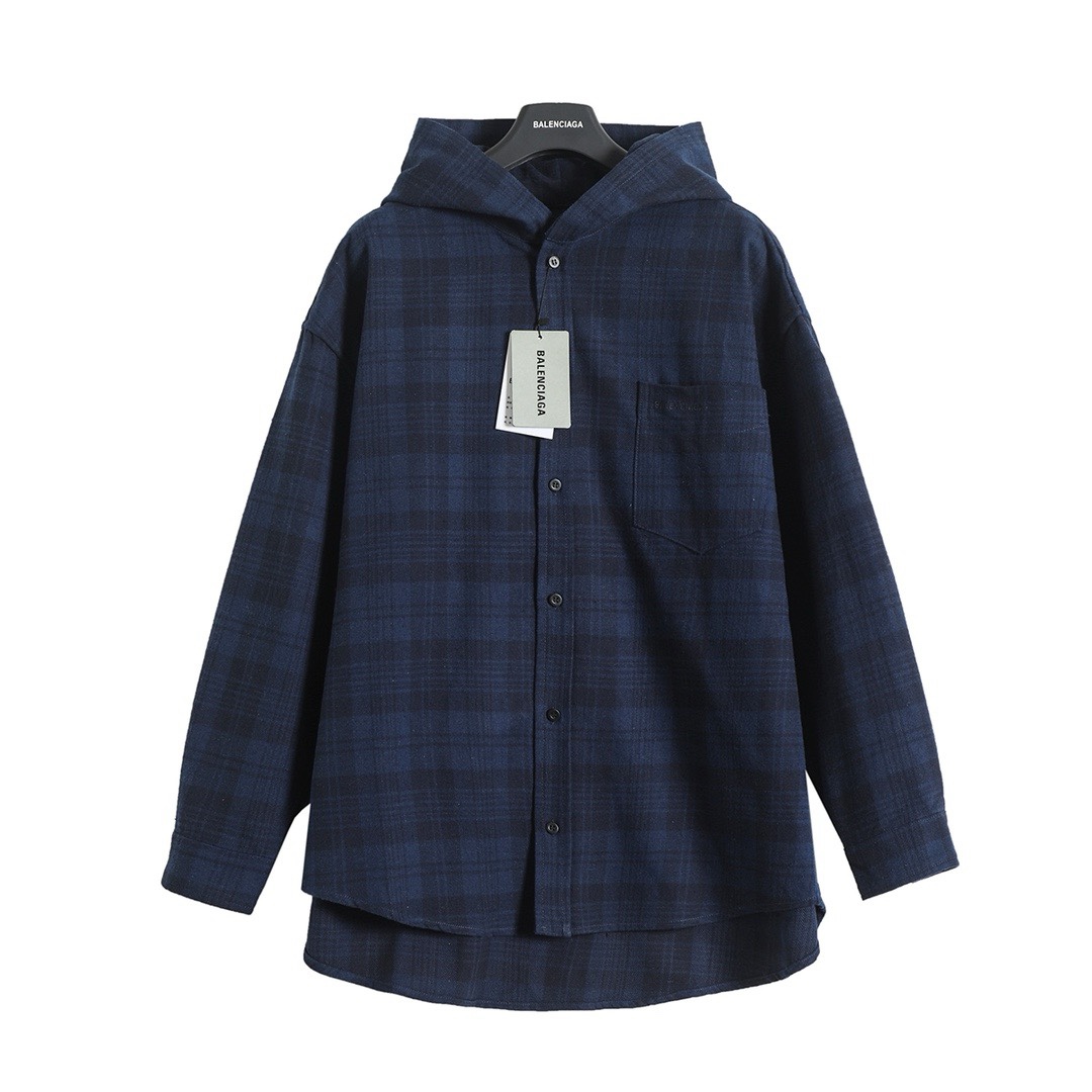 BALENCIAGA バレンシアガ フラッグシャツ 藏青格纹法兰绒连帽衬衫外套 藏青