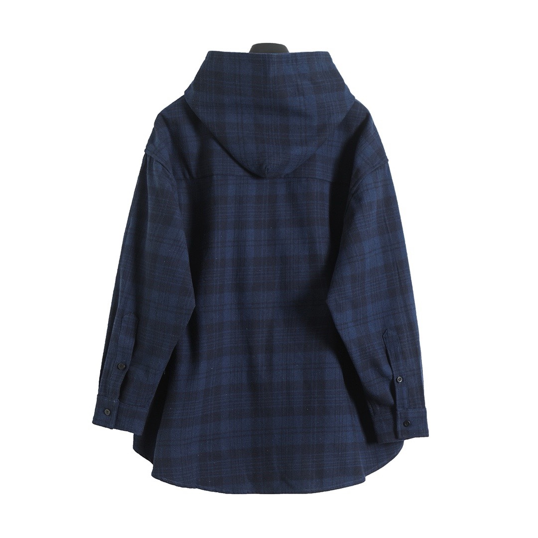 BALENCIAGA バレンシアガ フラッグシャツ 藏青格纹法兰绒连帽衬衫外套 藏青 - 画像 2