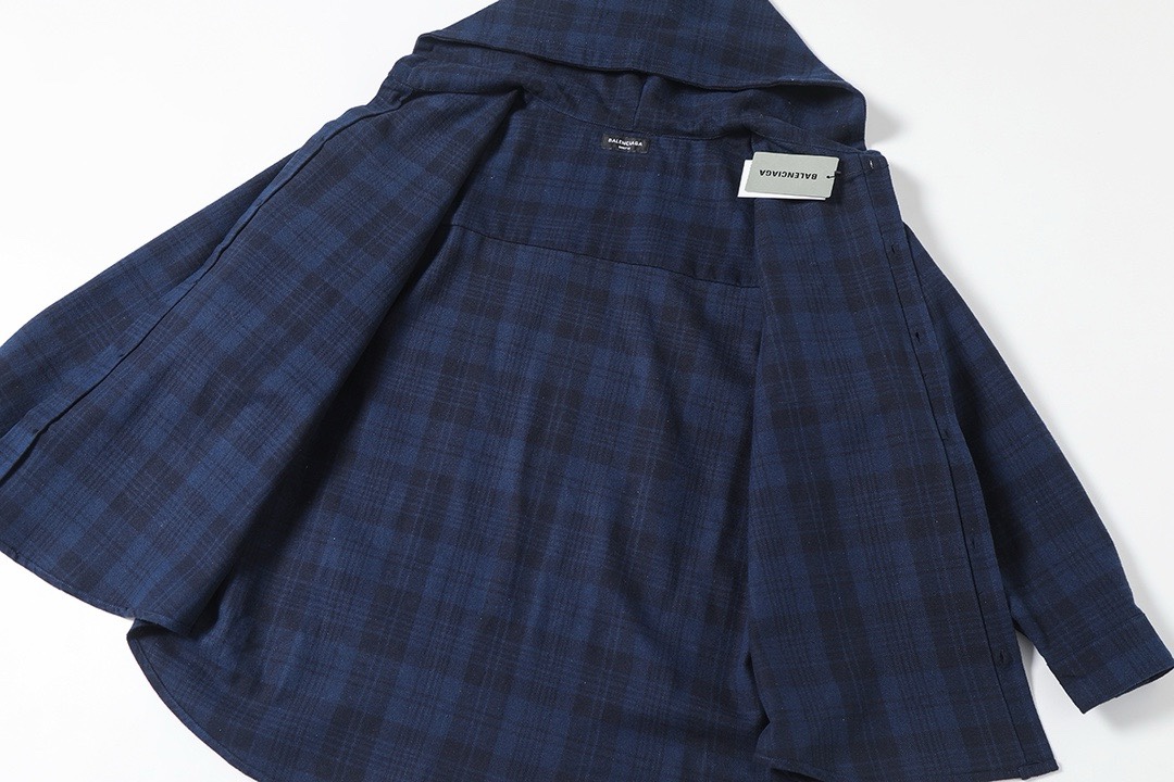 BALENCIAGA バレンシアガ フラッグシャツ 藏青格纹法兰绒连帽衬衫外套 藏青 - 画像 3