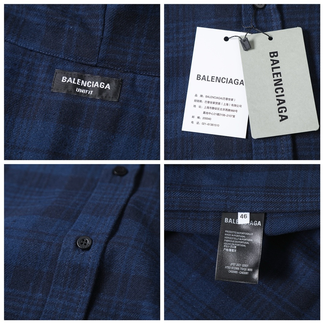 BALENCIAGA バレンシアガ フラッグシャツ 藏青格纹法兰绒连帽衬衫外套 藏青 - 画像 8