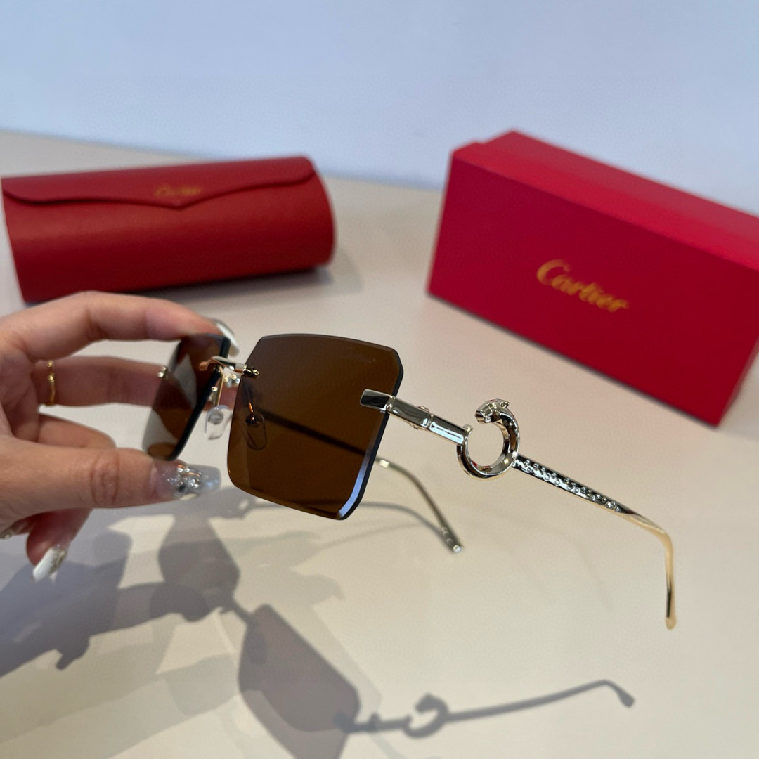 CARTIE カルティエ フレームレスサングラス メンズ レディース ブラウン メタル フレームレス 金具 デザイン サングラス ゴールド 軽量 2色展開 - 画像 4