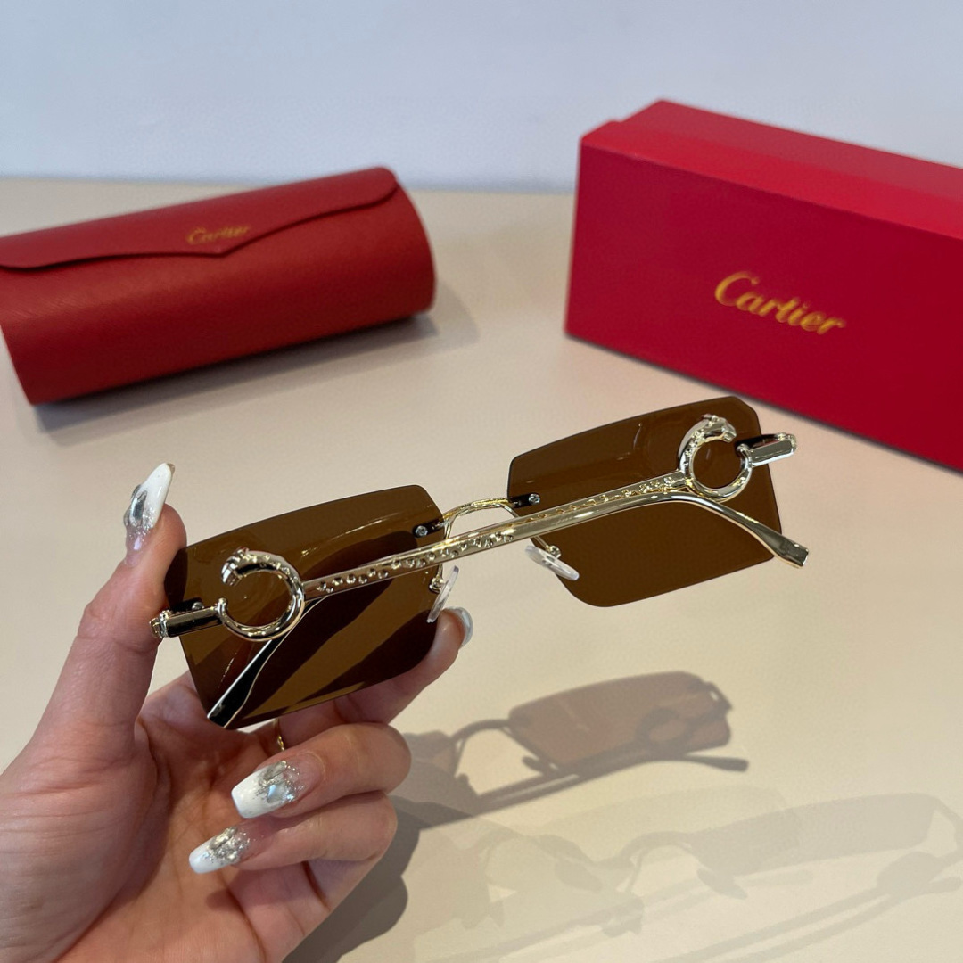 CARTIE カルティエ フレームレスサングラス メンズ レディース ブラウン メタル フレームレス 金具 デザイン サングラス ゴールド 軽量 2色展開 - 画像 5