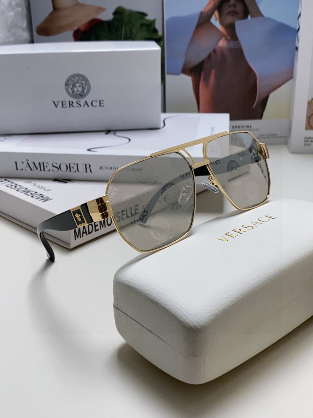 VERSACE ヴェルサーチ サングラス フラットシェイプ ゴールドメタル メトロポリス メンズ レディース 31140 多色展開 - 画像 9