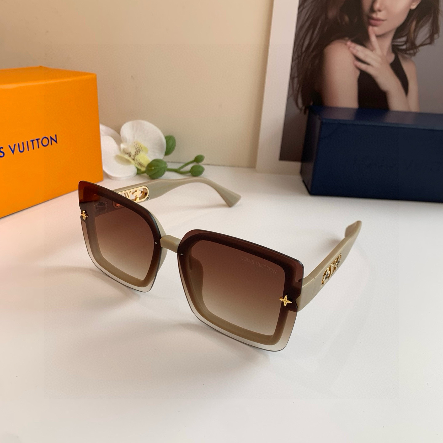 LV ルイヴィトン サングラス フレーム ブラウン ダイカット プラスチック 軽量 通勤 レディース ブラック - 画像 4