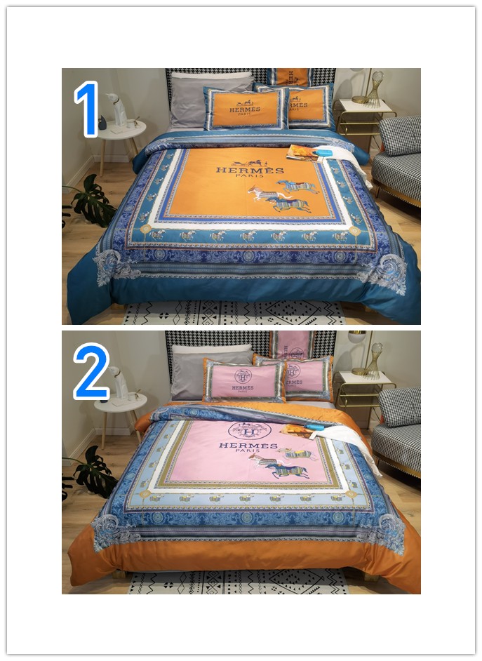 シルク生地　掛け布団カバーセット4点　ダブルサイズ/キングサイズ すべすべベッドカバー　エルメスHERMES　3色