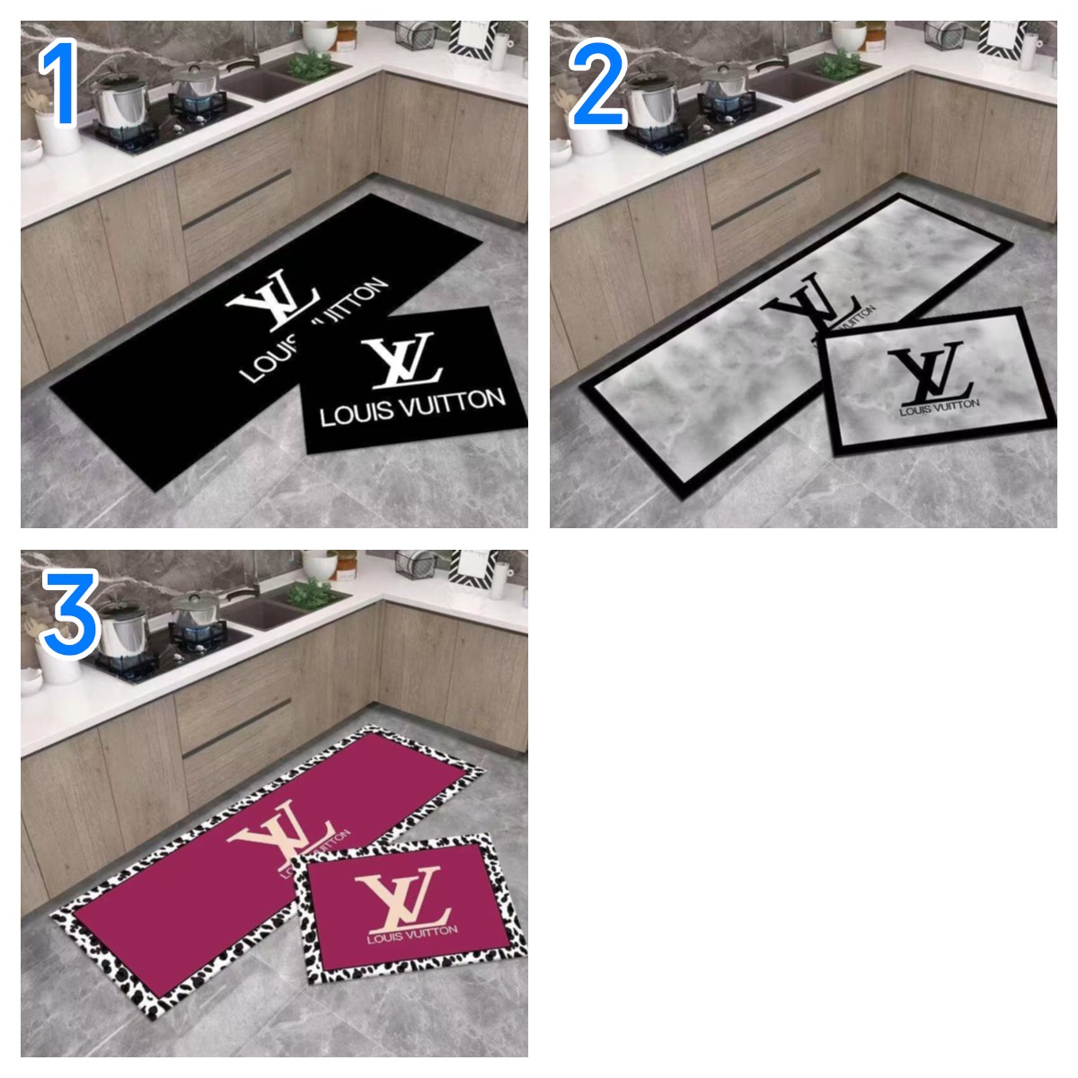 ルイ・ヴィトン LOUIS VUITTON　カーペット絨毯　人気トイレマット　プレミアムキッチンマット　キッチンマット 2点セット 黒・レッド・グレー　 3色 - 画像 1