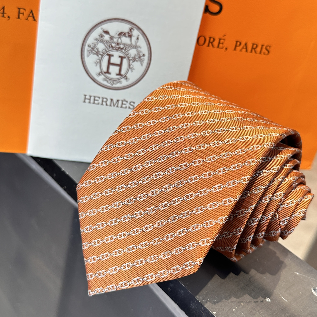 チェーン柄 ネクタイ ハイブランド調 結婚式 ホスト 衣装 高級シルク調 光沢 オレンジ - 画像 9