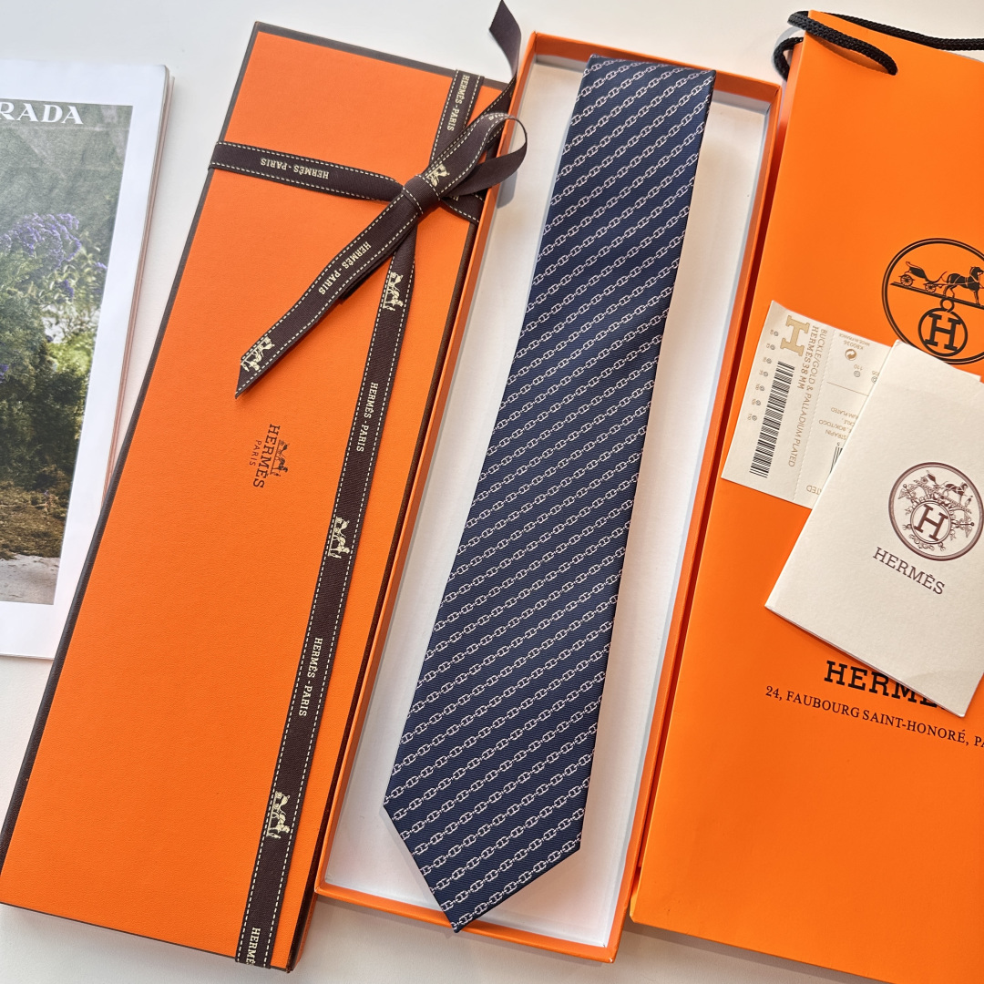 チェーン柄 ネクタイ ヘルメス風 結婚式 ホスト 衣装 高級シルク調 光沢 ネイビー - 画像 4