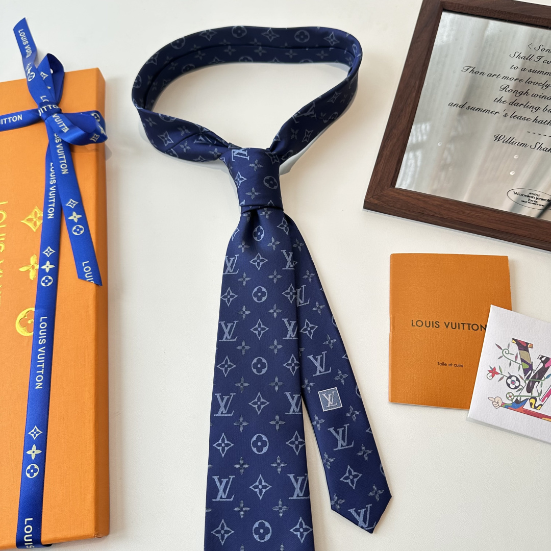 モノグラム柄 ネクタイ ルイヴィトン風 結婚式 ホスト 衣装 高級シルク調 光沢 ネイビー - 画像 7