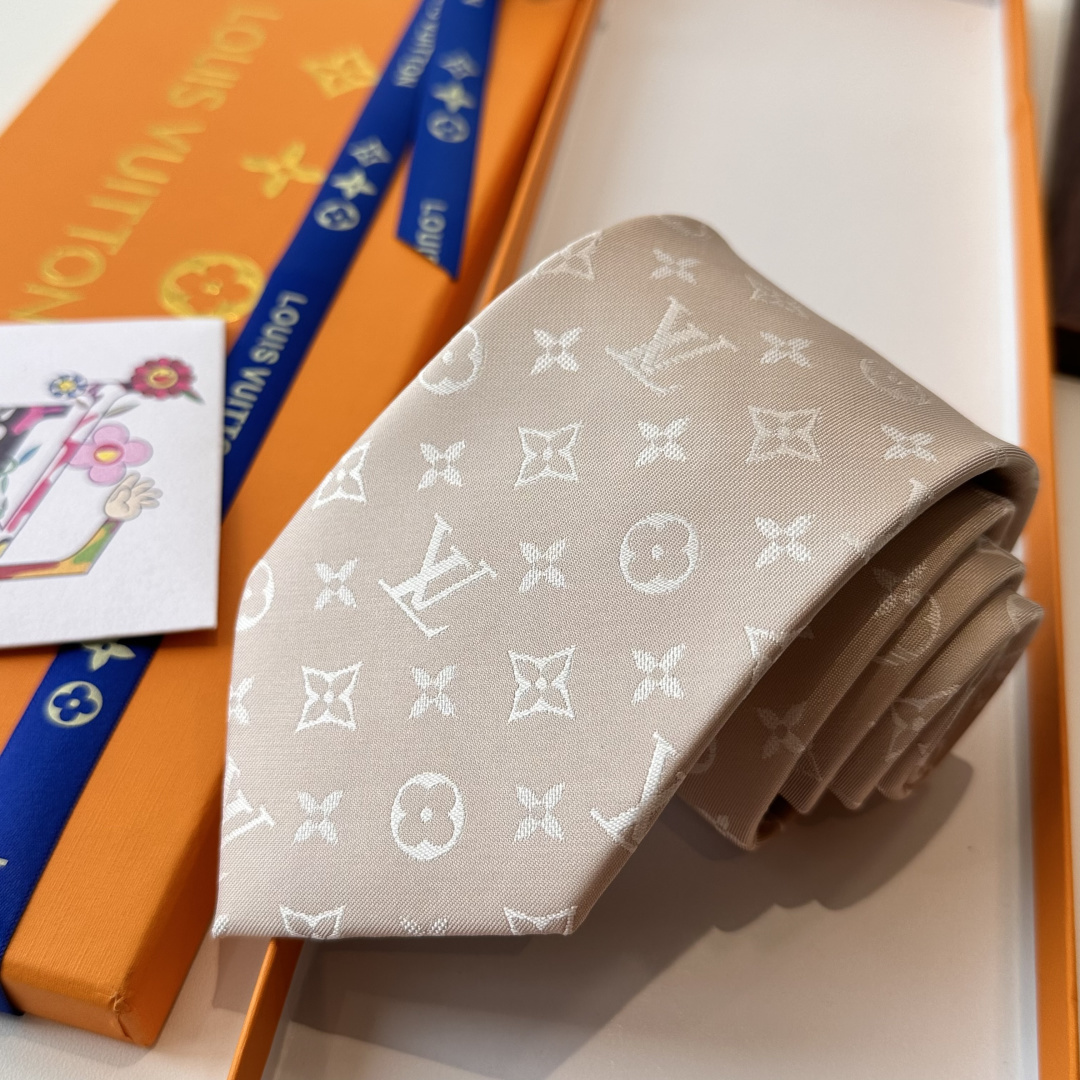 モノグラム柄 ネクタイ ルイ・ヴィトン風 プレゼント 結婚式 ホスト 衣装 高級シルク調 光沢 ベージュ - 画像 5