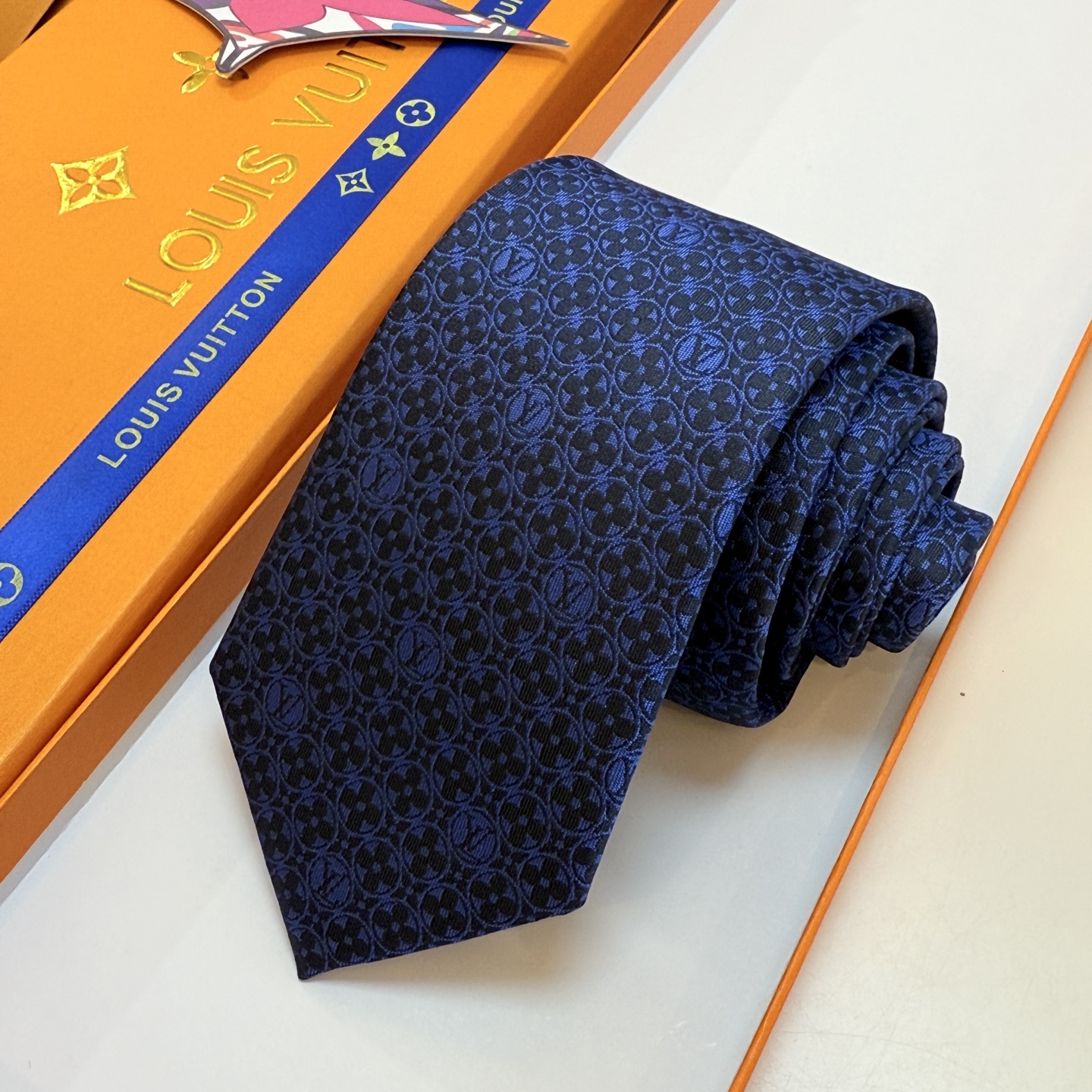 モノグラムフラワー ネクタイ ルイヴィトン風 プレゼント ホスト 衣装 高級シルク調 光沢 ネイビー - 画像 6