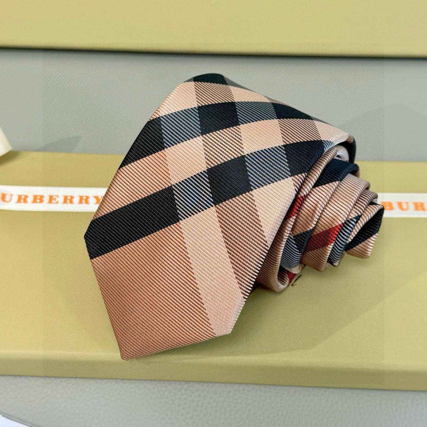 ダミエ風 ネクタイ バーバリー調 結婚式 ホスト 衣装 高級シルク調 光沢 ベージュ - 画像 5