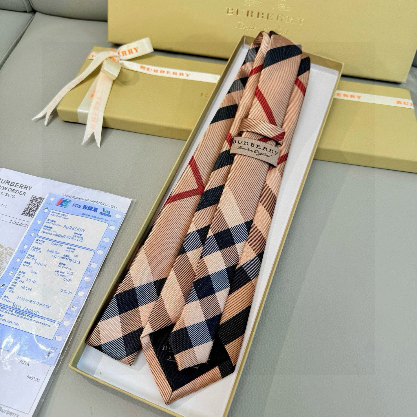 ダミエ風 ネクタイ バーバリー調 結婚式 ホスト 衣装 高級シルク調 光沢 ベージュ - 画像 7