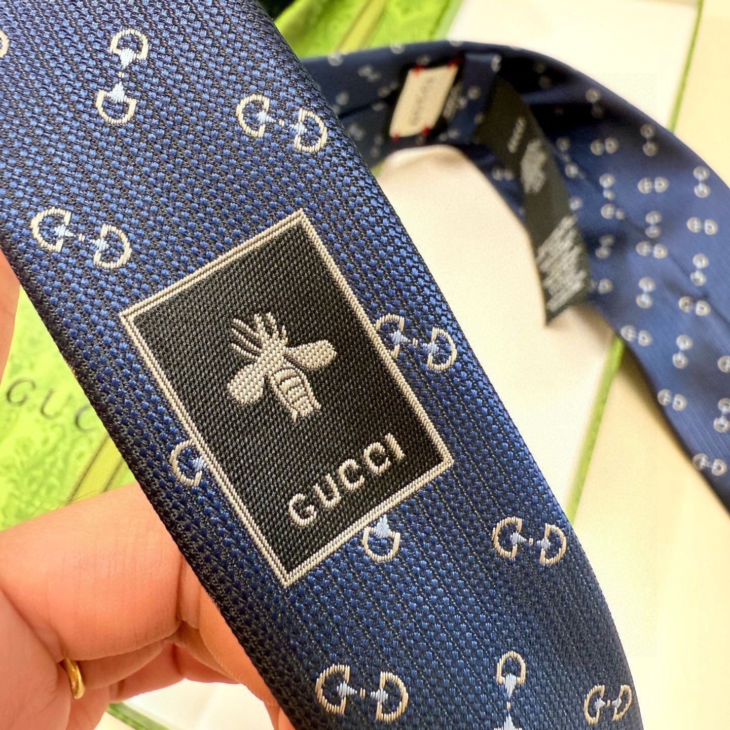 GG柄 ネクタイ グッチ調 結婚式 ホスト 衣装 高級シルク調 光沢 ネイビー - 画像 2
