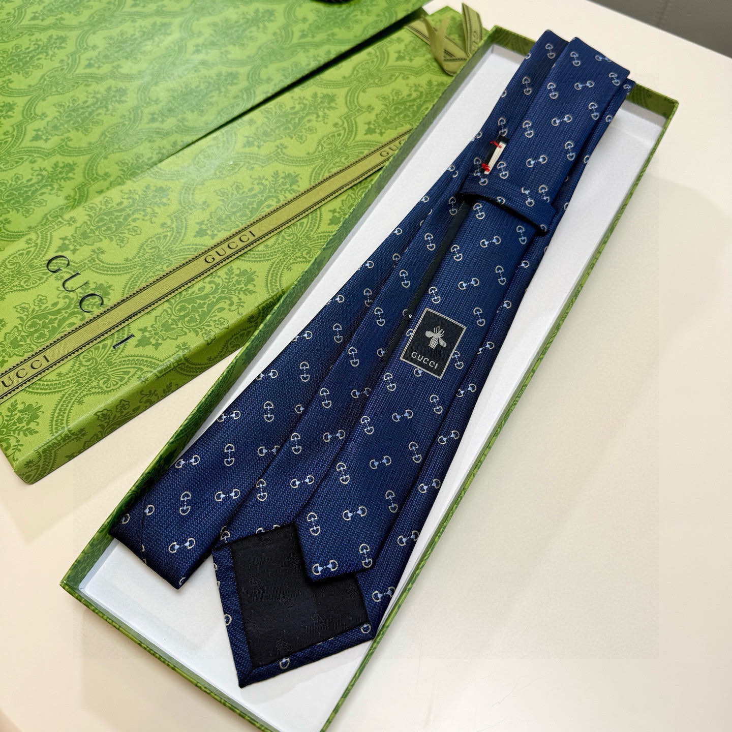 GG柄 ネクタイ グッチ調 結婚式 ホスト 衣装 高級シルク調 光沢 ネイビー - 画像 6