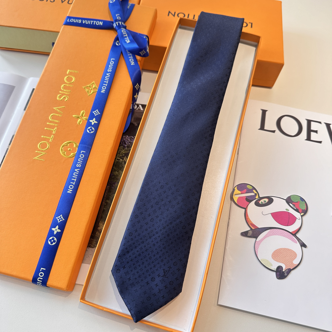 LV柄 ネクタイ ルイヴィトン調 結婚式 ホスト 衣装 高級シルク調 光沢 ネイビー - 画像 2