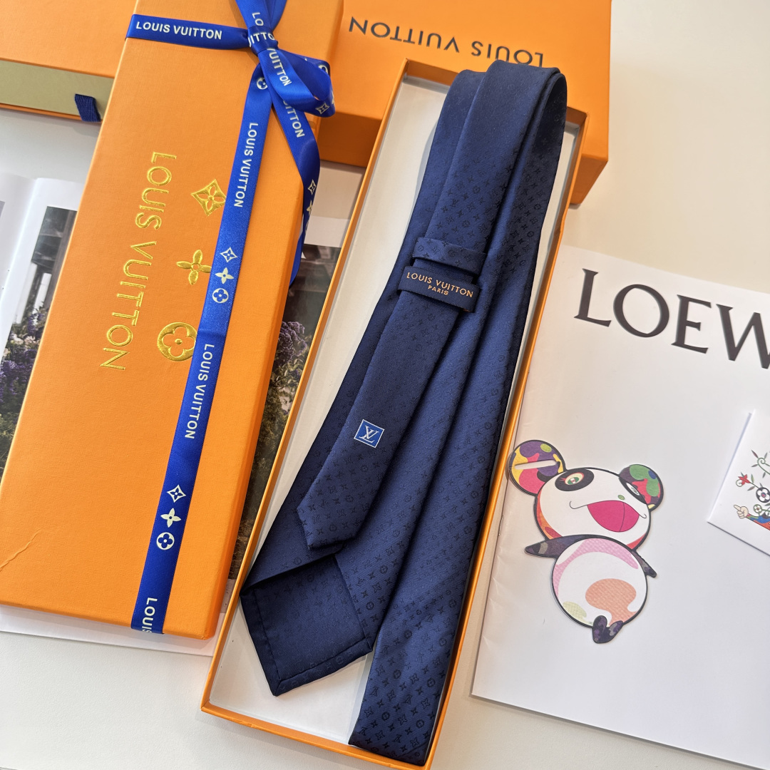 LV柄 ネクタイ ルイヴィトン調 結婚式 ホスト 衣装 高級シルク調 光沢 ネイビー - 画像 3