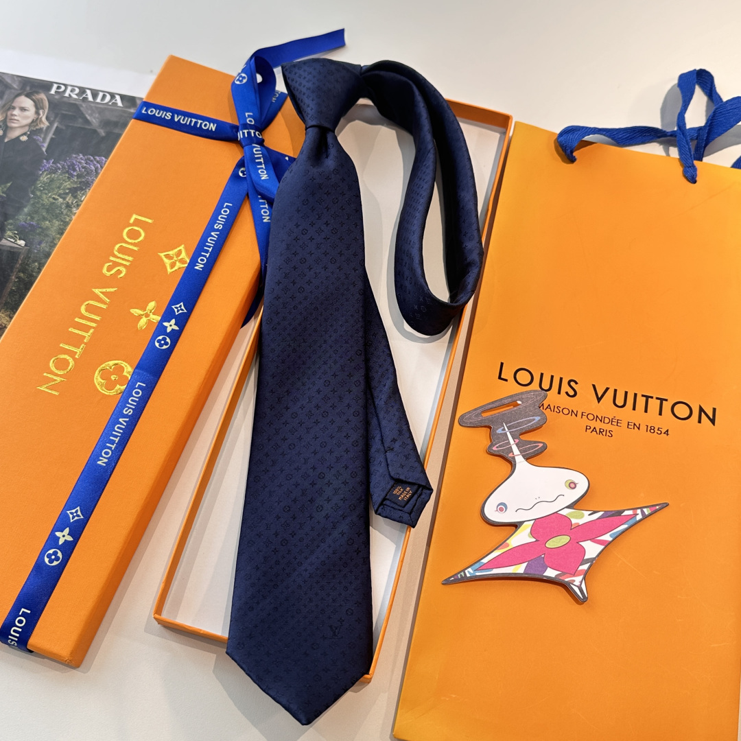 LV柄 ネクタイ ルイヴィトン調 結婚式 ホスト 衣装 高級シルク調 光沢 ネイビー - 画像 9