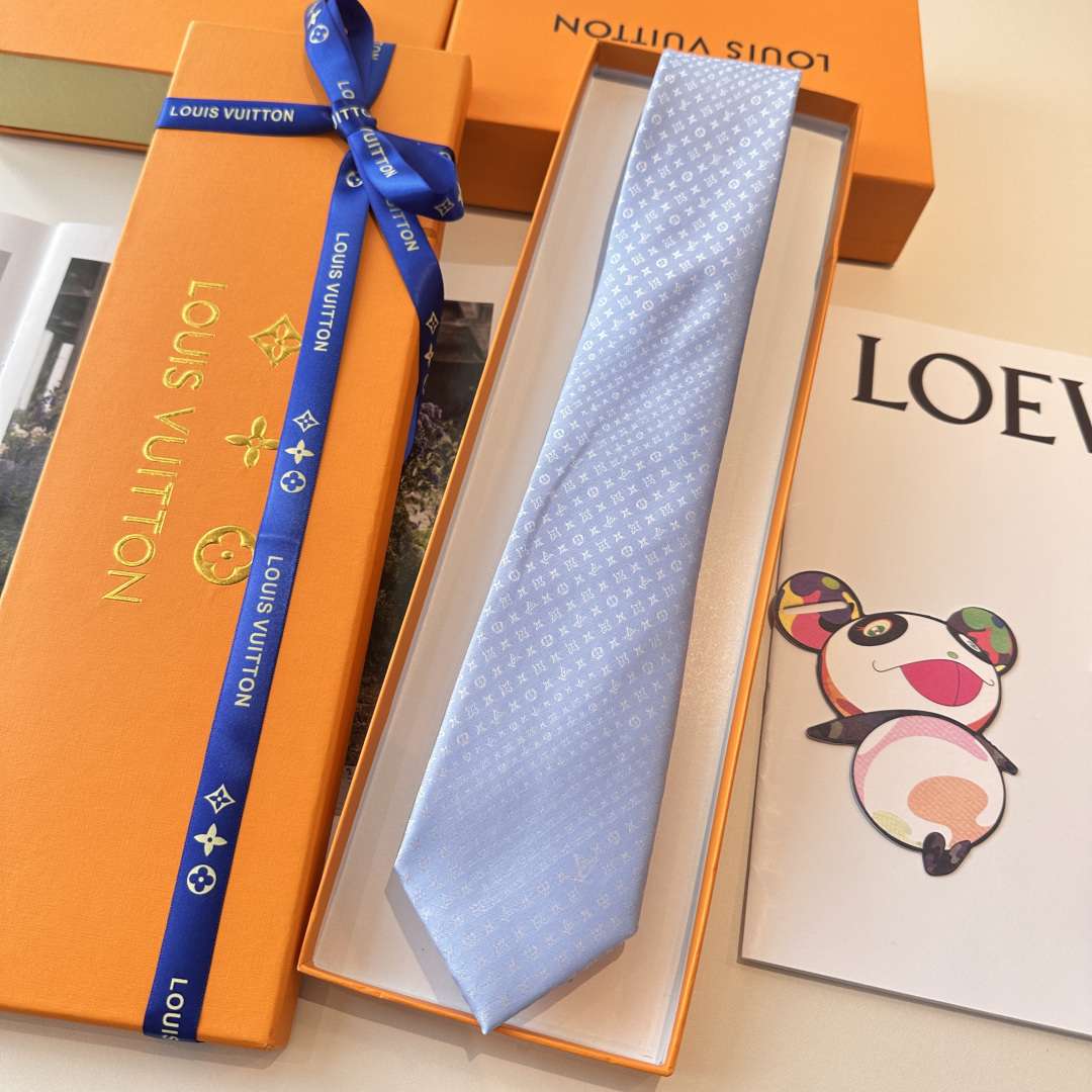 モノグラム柄 ネクタイ ルイヴィトン風 結婚式 ホスト 衣装 高級シルク調 光沢 ライトブルー - 画像 2