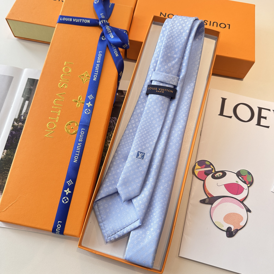 モノグラム柄 ネクタイ ルイヴィトン風 結婚式 ホスト 衣装 高級シルク調 光沢 ライトブルー - 画像 3