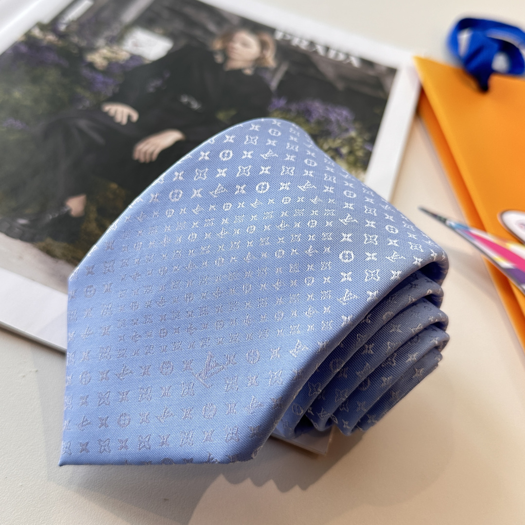 モノグラム柄 ネクタイ ルイヴィトン風 結婚式 ホスト 衣装 高級シルク調 光沢 ライトブルー - 画像 5