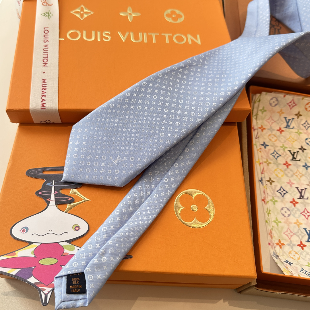 モノグラム柄 ネクタイ ルイヴィトン風 結婚式 ホスト 衣装 高級シルク調 光沢 ライトブルー - 画像 7