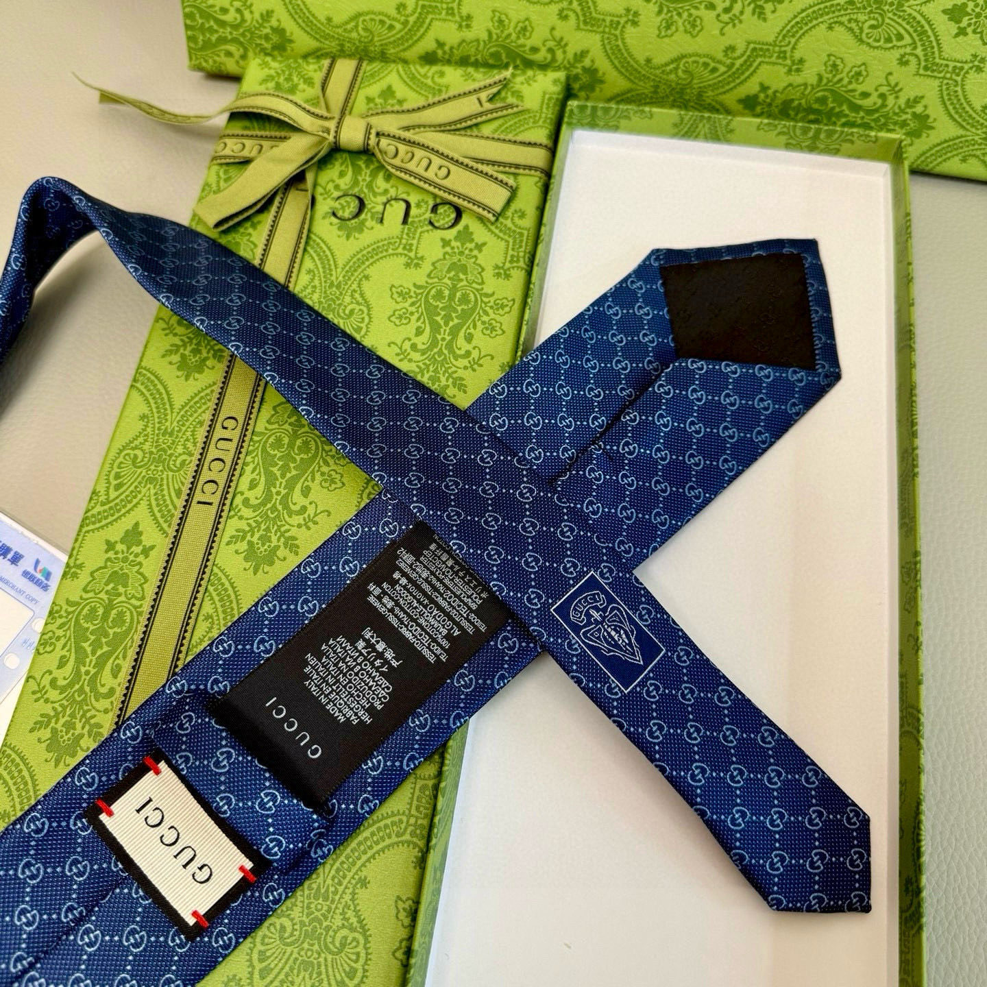GG柄 ネクタイ グッチ風 結婚式 ホスト 衣装 高級シルク調 光沢 ネイビー - 画像 9