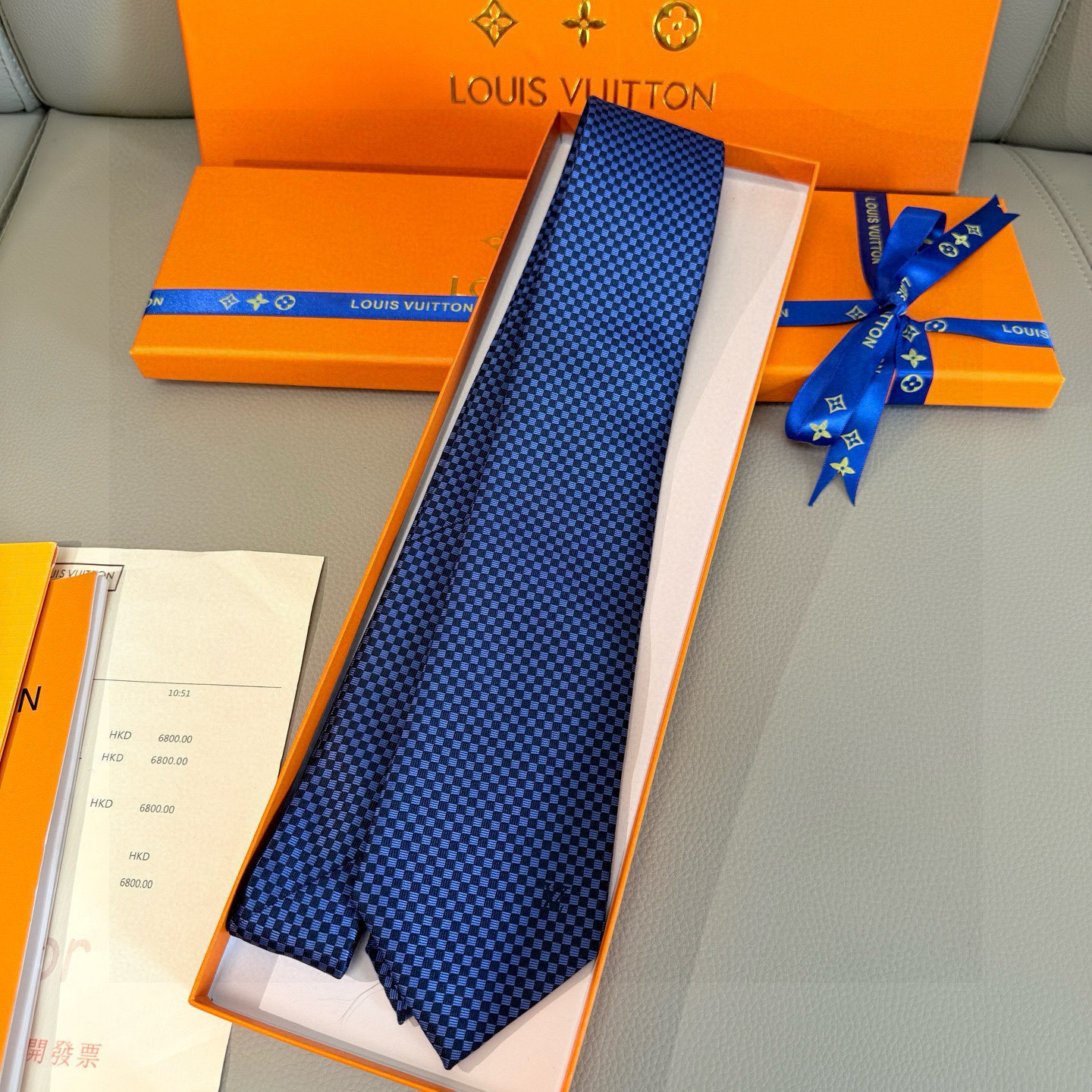 チェック柄 ネクタイ ルイヴィトン風 プレゼント ホスト 衣装 高級シルク調 光沢 ネイビー - 画像 5